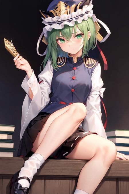 02028-1133663240-masterpiece, best quality,   _lora_shikieiki_1_,shiki eiki, 1girl, green eyes, green hair, solo, skirt, hat, rod of remorse, sit.png